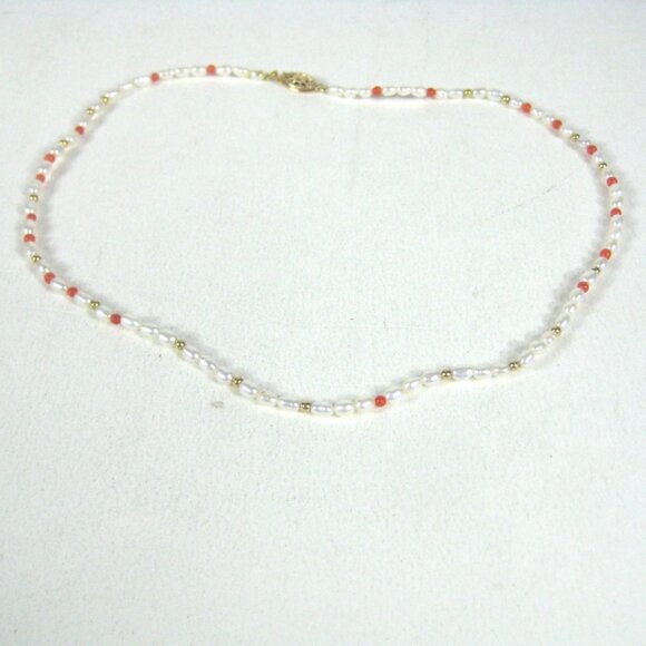 Freshwater Pearl Coral Delicate Gold Tone Bead Necklace 17 in Choker Minimalist - Picture 11 of 11
